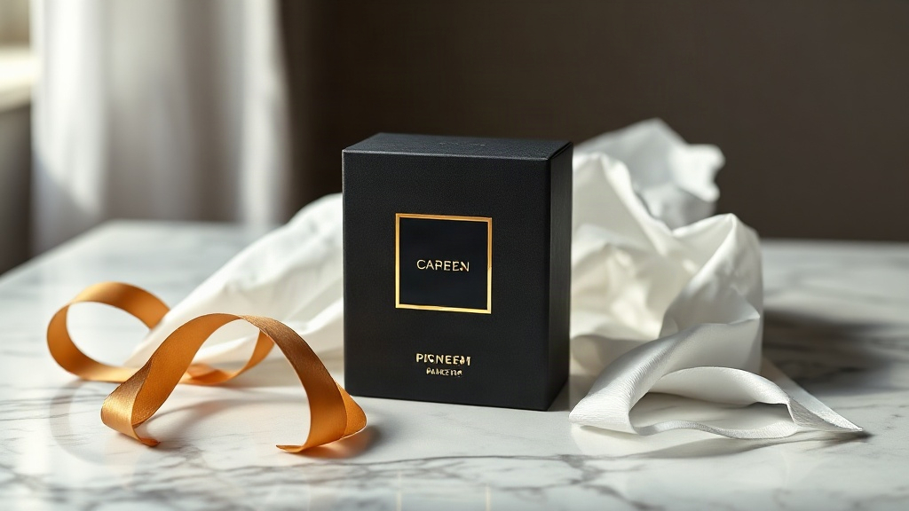 elegant black perfume gift box with gold foil lettering standing on a polished marble surface, tissue paper and a satin 
