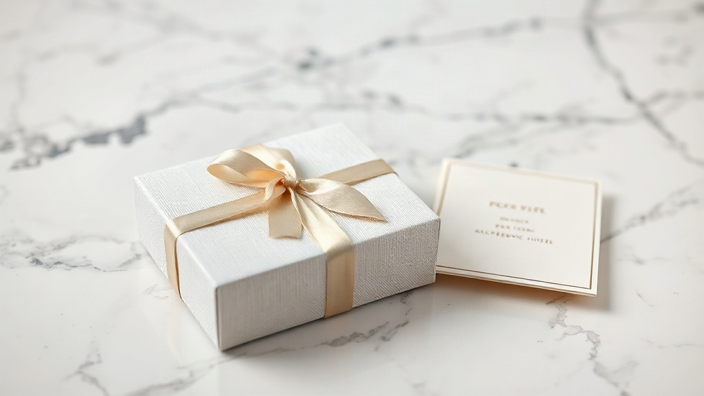 elegant perfume gift packaging on a marble surface — a closed textured presentation box with satin ribbon, tissue paper,