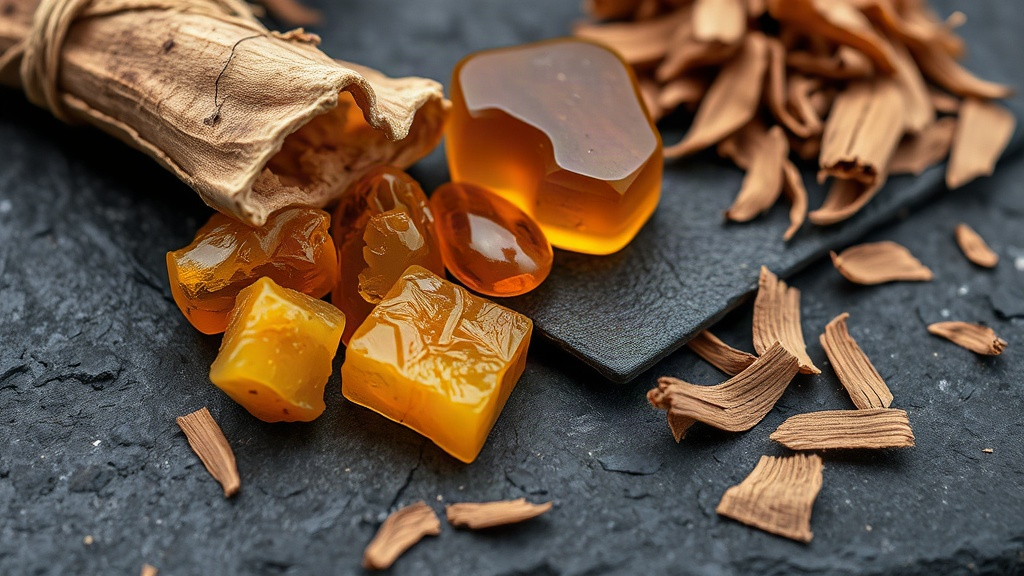 Close-up still life of perfume raw materials: iris root pieces, amber resin chunks, dark leather swatches and cedar wood