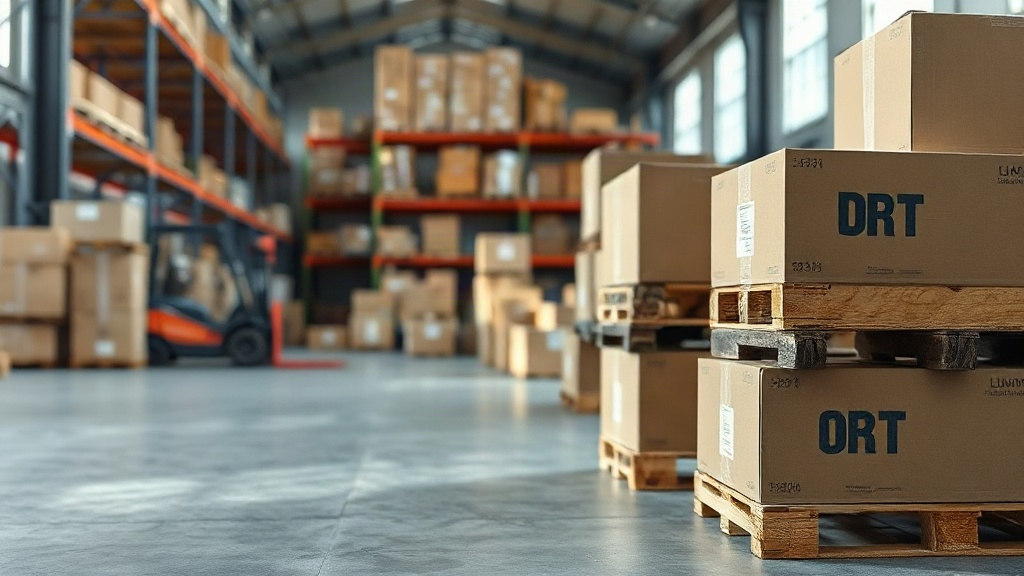 warehouse interior with neatly stacked wooden pallets and sealed brown cardboard shipping boxes, forklift pathway, indus