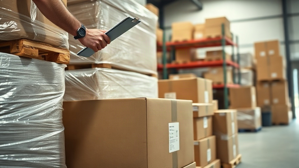 warehouse logistics scene with wrapped wooden pallets and stacked cardboard shipping boxes, a worker's hand holding