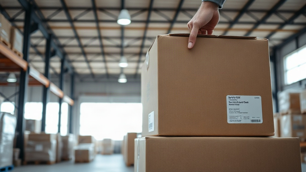 close-up of a hand placing a sealed cardboard export box onto a pallet stack in a bright customs warehouse, shipping lab
