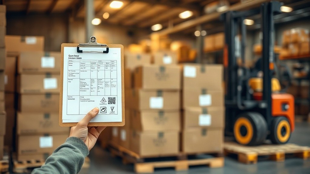 warehouse scene with stacked cardboard shipping boxes on wooden pallets, a worker's hand holding a clipboard with s