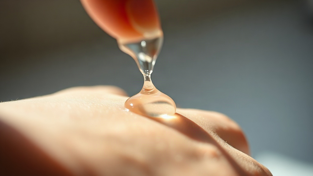 close-up macro photo of a translucent lightweight gel-lotion droplet being smoothed onto a bare forearm by fingertips, s