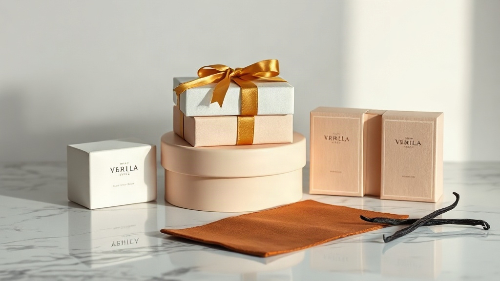 Elegant closed perfume gift packaging boxes stacked neatly on a polished marble counter, a leather swatch and a few vani