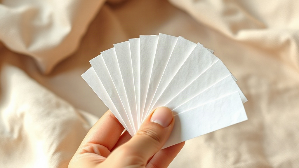 close-up of a hand holding several white perfume tester paper strips fanned out, soft beige fabric background, warm natu