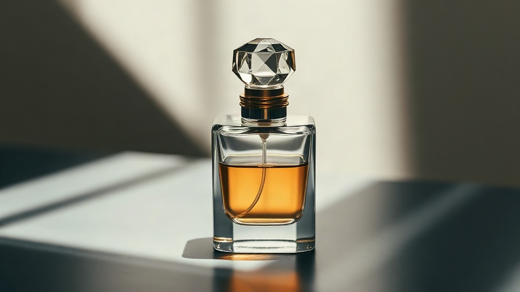Elegant minimalist niche perfume bottle with a geometric faceted cap, placed on a dark reflective surface, dramatic side