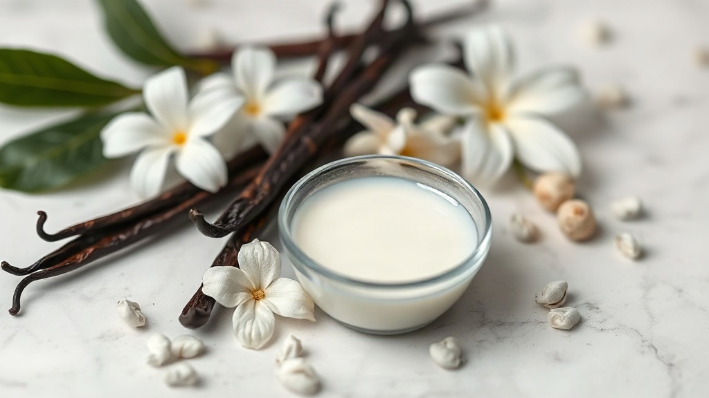 Close-up still life of vanilla pods, white jasmine flowers, and a small bowl of milk arranged on a white marble surface,