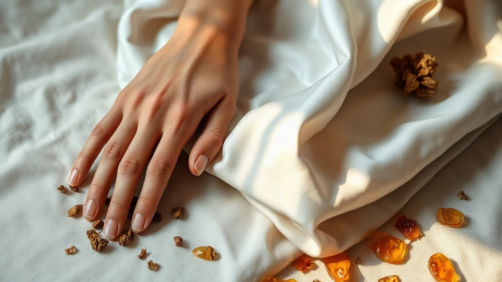 Close-up of a hand and wrist resting on folded white silk fabric next to scattered oud wood chips and pieces of amber re