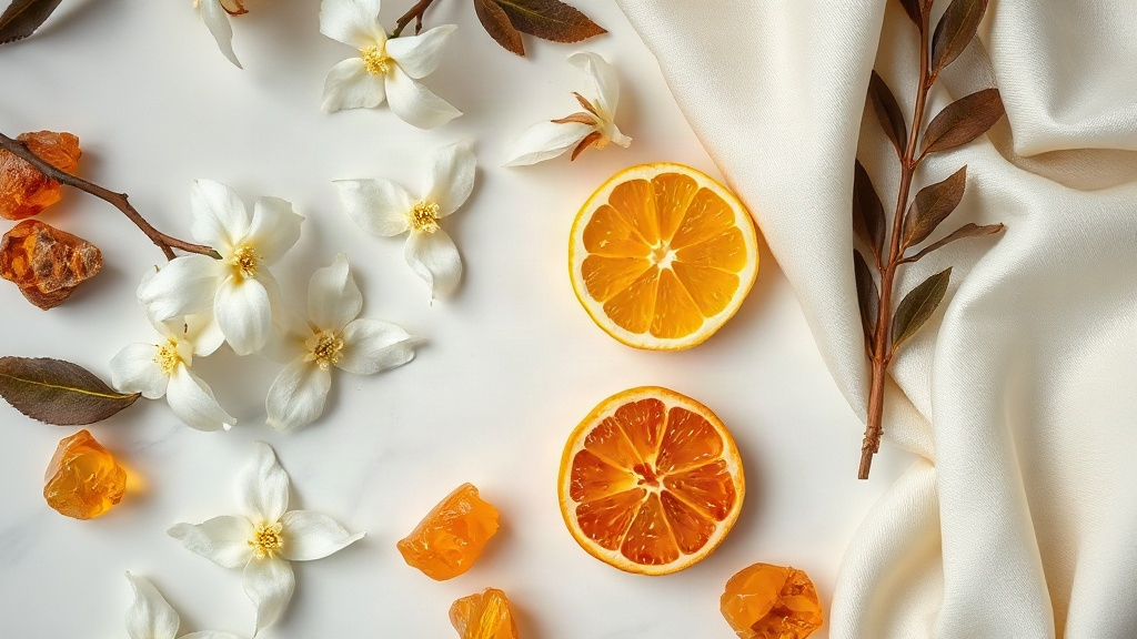 flat lay on a white marble surface featuring fresh mimosa and jasmine flowers, a few bergamot citrus halves, amber resin