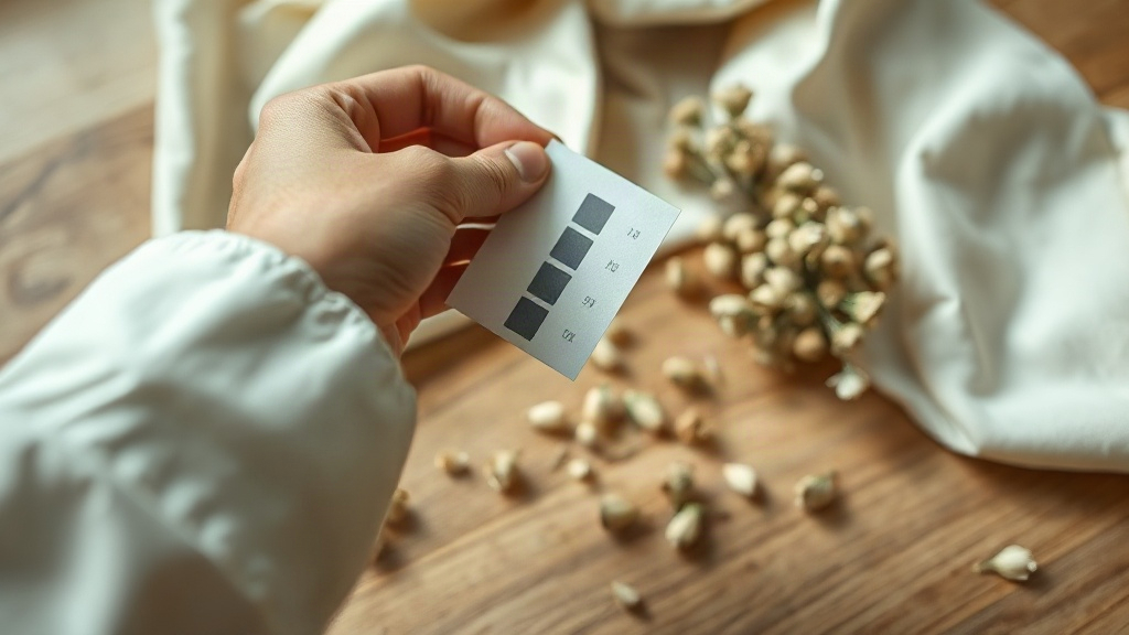 Close-up of a hand holding a perfume testing blotter strip near the wrist, delicate dried flowers and a folded silk fabr