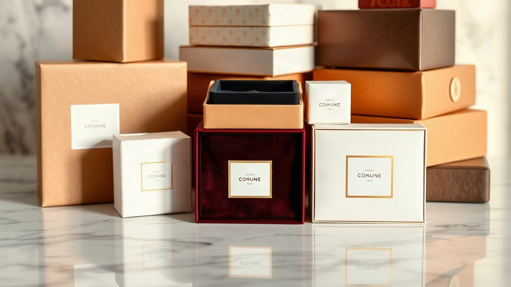 an assortment of elegant empty perfume packaging boxes in cardboard, velvet, and glossy finishes stacked neatly on a pol