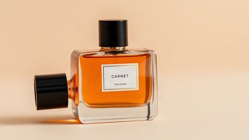 elegant cylindrical glass perfume bottle with a black cap and minimalist cream label, warm amber-toned liquid inside, ph