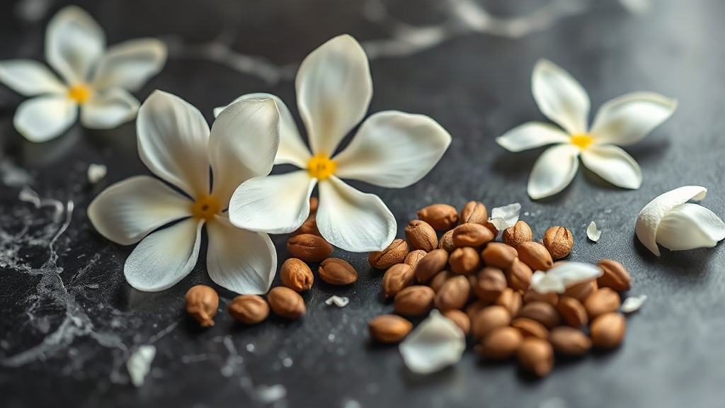 Close-up macro photograph of fresh white jasmine sambac flowers and orange blossom petals scattered beside a small pile 