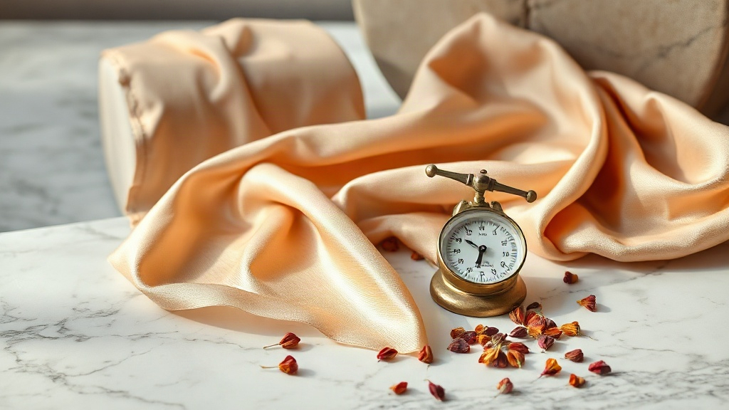 elegant still life of silk fabric draped over a marble surface next to a small brass scale and loose dried flower petals