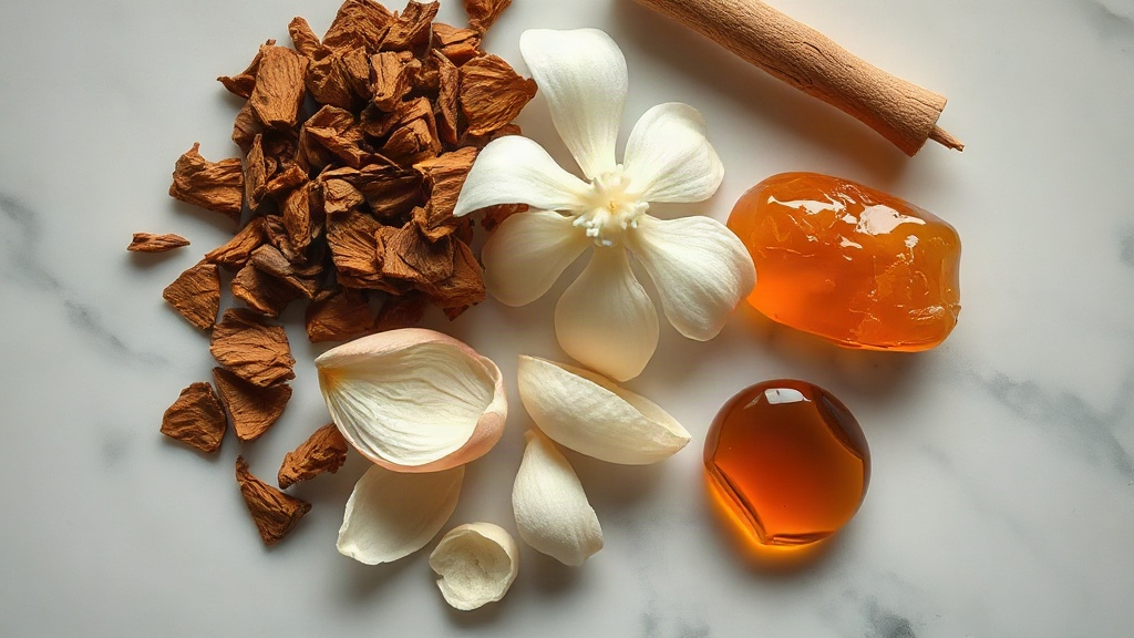 Close-up overhead shot of raw perfume ingredients arranged on a polished marble surface - dried oud wood chips, fresh ja