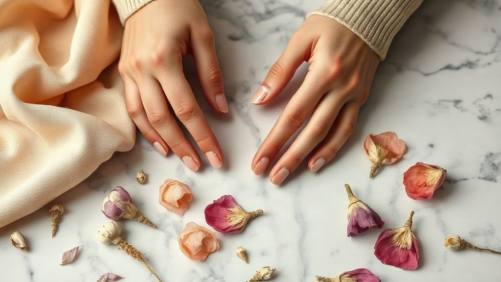 close-up of hands gently examining delicate fabric swatches and dried flower petals on a polished marble surface, soft s