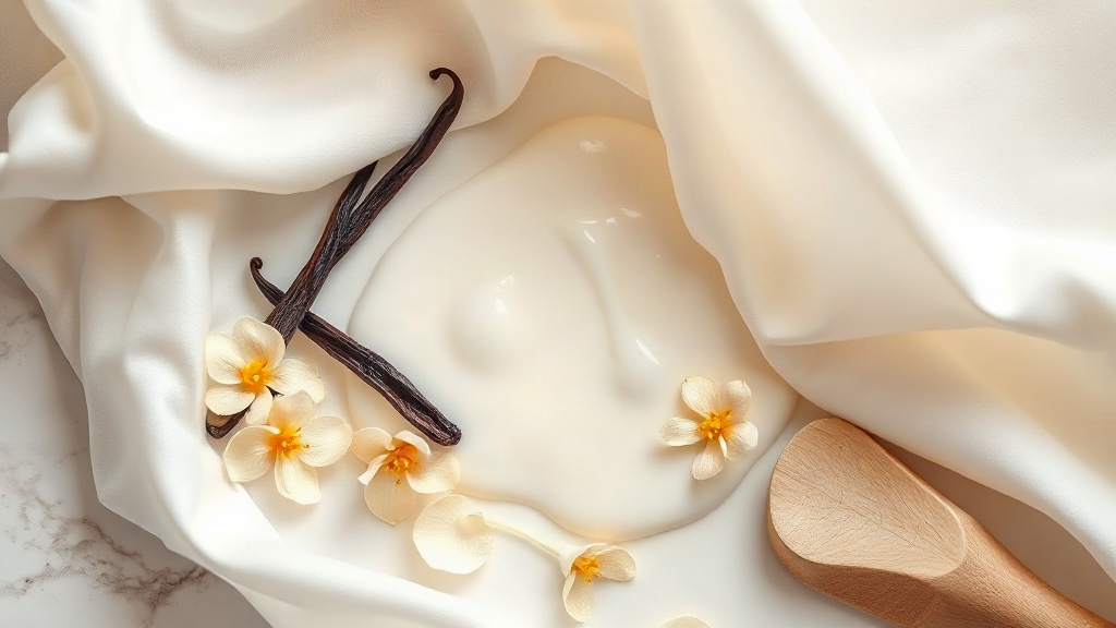 Flat lay close-up of perfume-making ingredients, a splash of milk frozen mid-pour, whole vanilla pods, white jasmine and