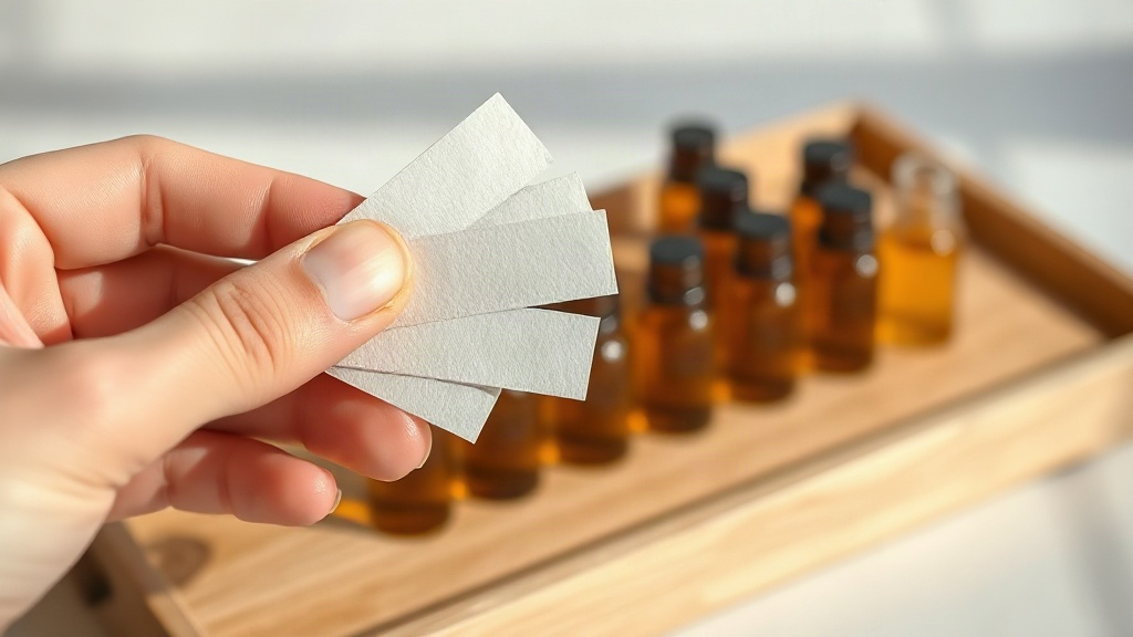 close-up of a hand holding blotting paper perfume tester strips near small amber glass sample vials arranged on a wooden