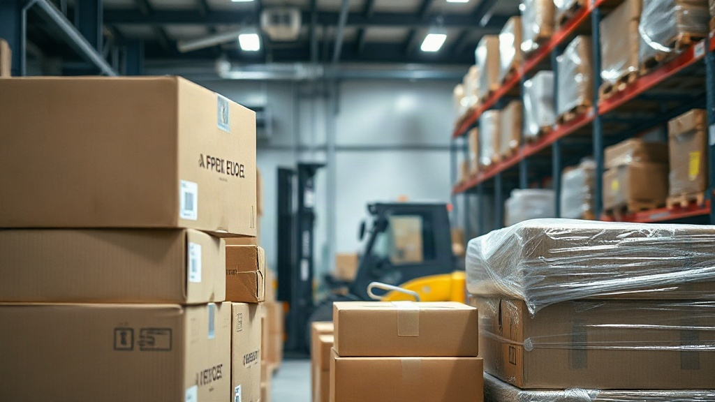 warehouse interior with neatly stacked cardboard shipping boxes and plastic-wrapped pallets ready for export, a forklift