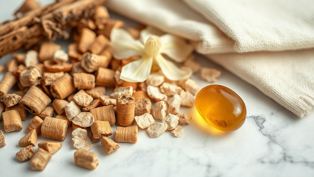 close-up still life of raw perfumery ingredients, cedarwood chips, dried iris root, white musk fabric swatches and amber