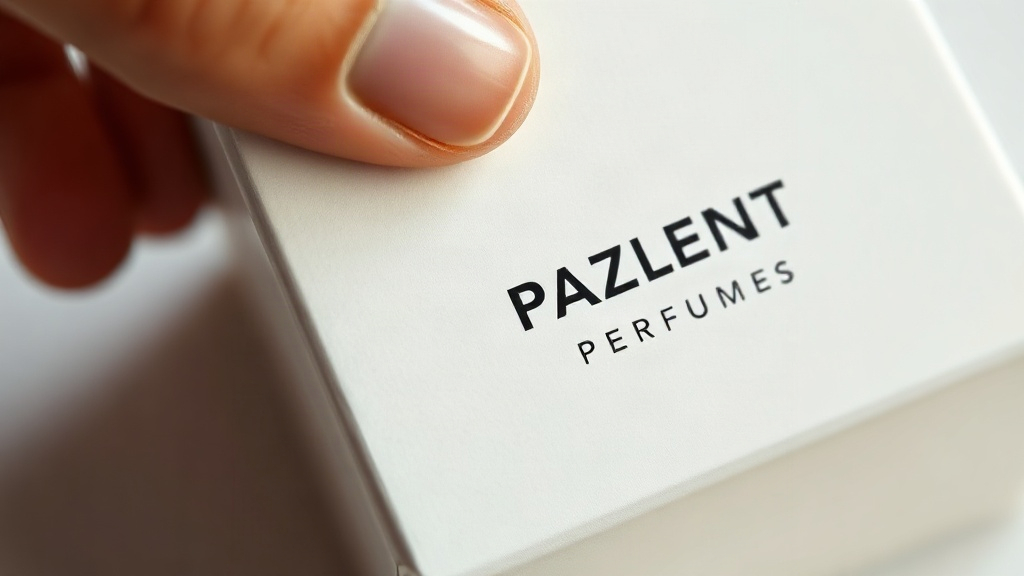 Close-up photograph of a hand inspecting a sealed elegant perfume packaging box with an authenticity hologram sticker on
