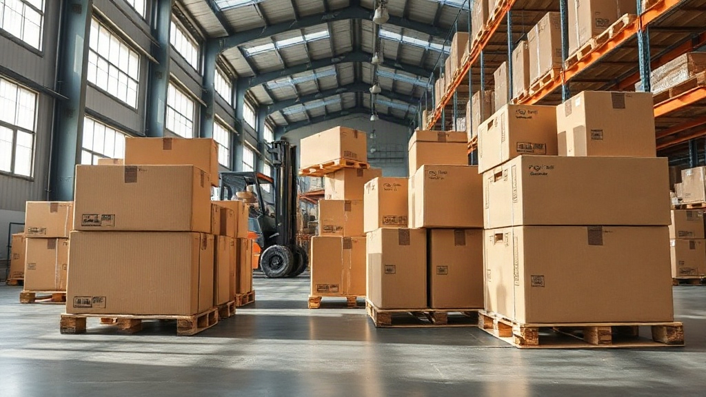 Wide angle photograph of a warehouse interior with neatly stacked cardboard shipping cartons arranged on wooden pallets,