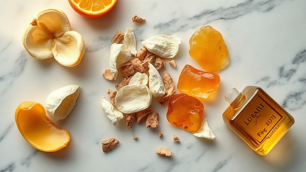 close-up overhead shot of raw perfume ingredients arranged on a marble surface - bergamot peels, fresh jasmine blossoms,