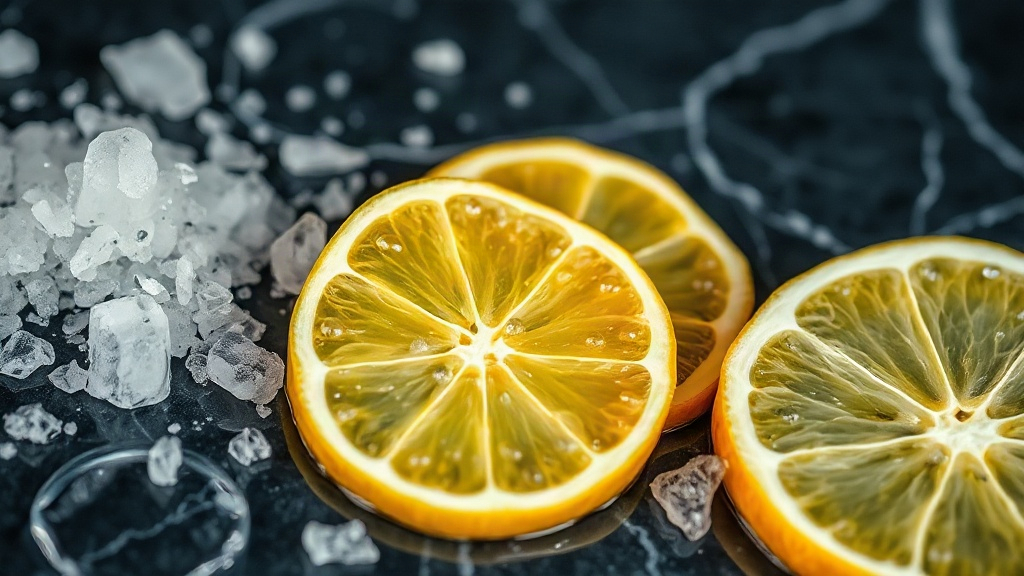 close-up macro shot of sea salt crystals, fresh bergamot citrus slices, and water droplets on dark marble surface, cool 