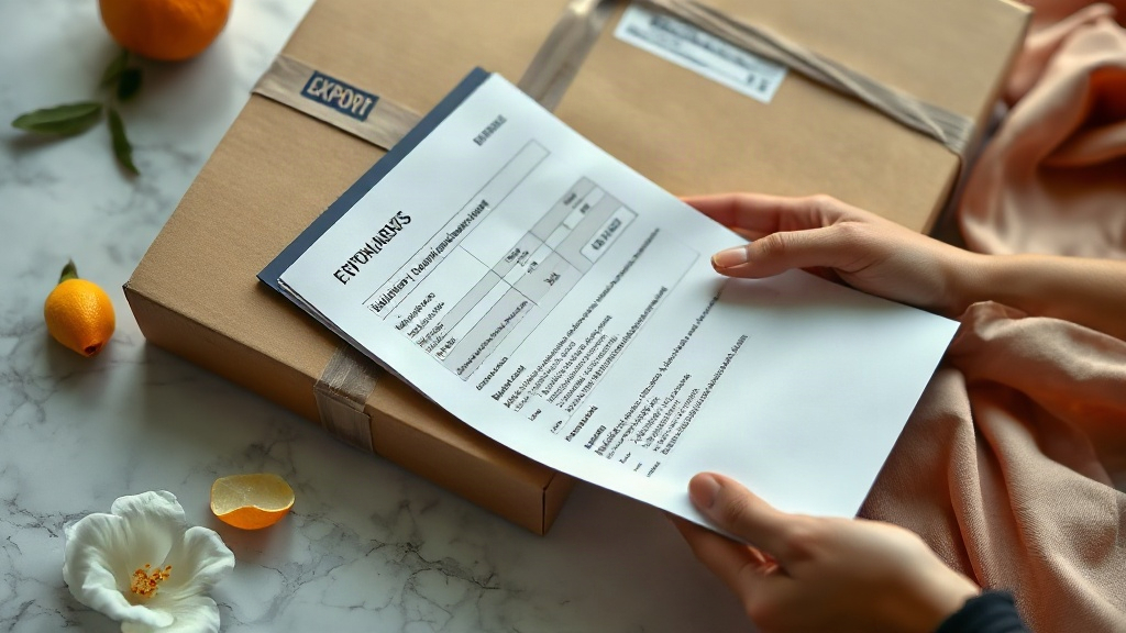 close-up of hands reviewing export documents and a customs clearance folder resting on a marble surface, next to a seale