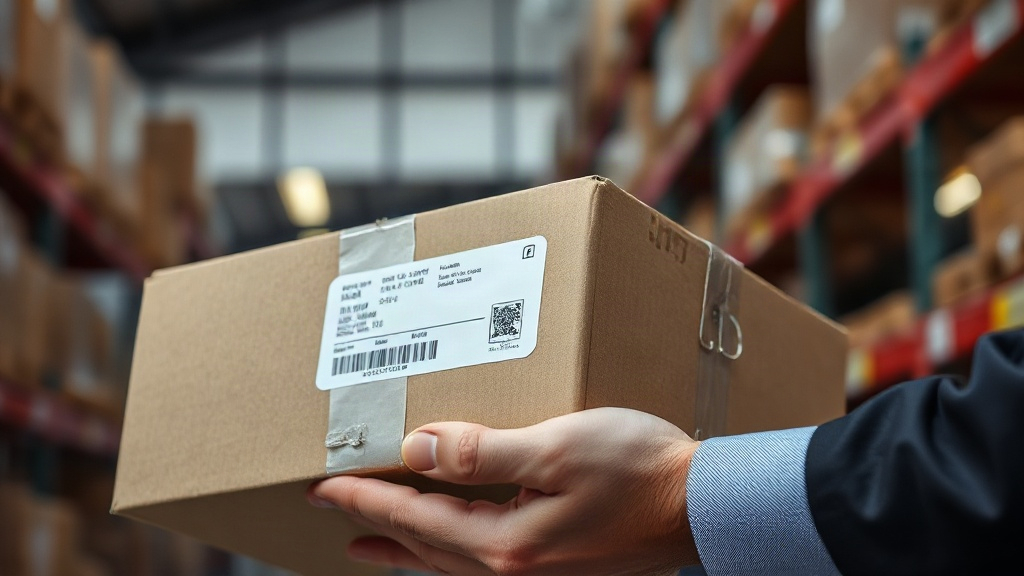 Close-up of a businessperson's hand and wrist in a formal sleeve examining a sealed cardboard shipping box with an 