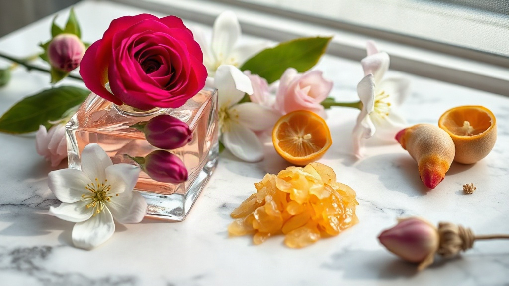 close-up still life of raw perfumery ingredients on a marble surface, fresh Turkish roses, jasmine blossoms, bergamot fr