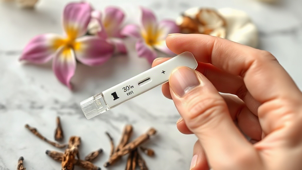 Close-up of a hand holding a fragrance testing strip near jasmine flowers and dried oud wood chips arranged on a marble 