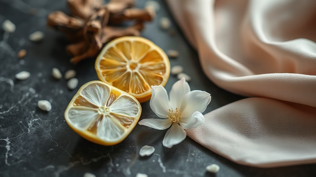 Close-up still life of raw perfume ingredients arranged on a dark marble surface, halved bergamot citrus, fresh jasmine 