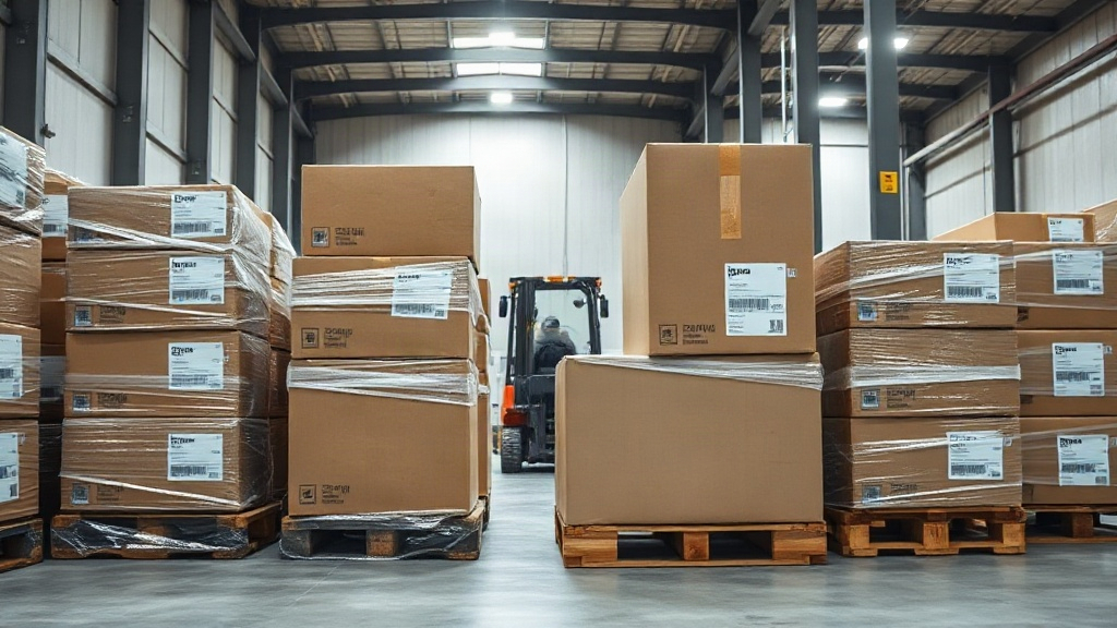 Wide shot inside a modern logistics warehouse showing stacked sealed cardboard export cartons on wooden pallets wrapped