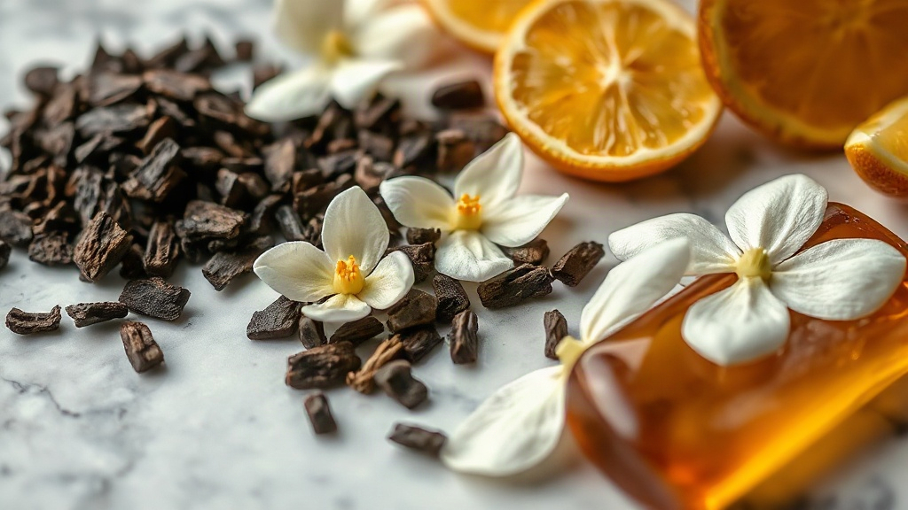 close-up macro photo of raw perfumery ingredients arranged on a marble surface, dark oud wood chips, fresh jasmine flowe