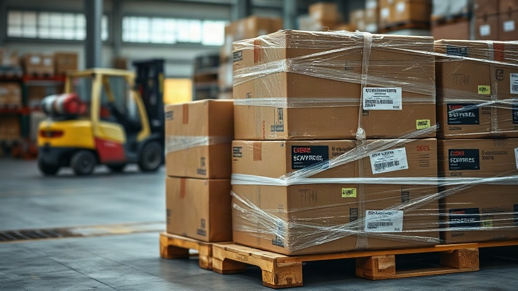 stacked cargo shipping cartons wrapped in stretch film on wooden pallets at a logistics warehouse dock, forklift blurred