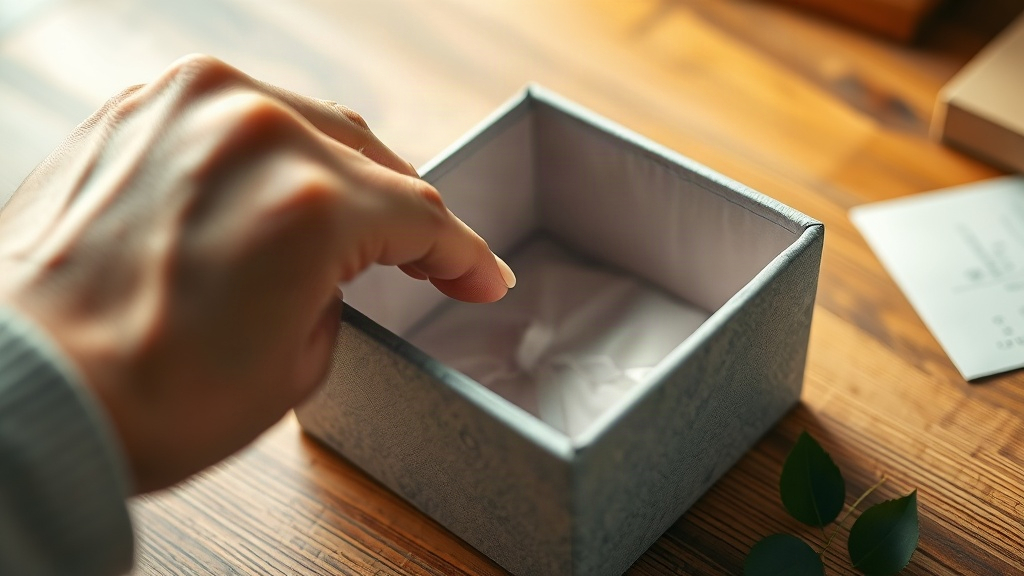 Close-up of a hand carefully inspecting the stitching and texture of an empty decorative gift box on a wooden desk, focu