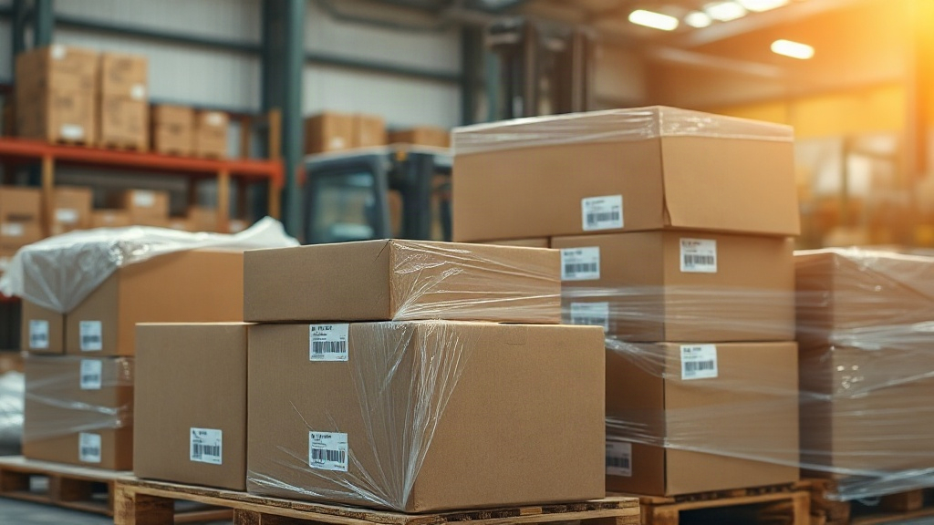 Warehouse scene with stacked brown cardboard shipping cartons wrapped in clear plastic film on wooden pallets, a forklif