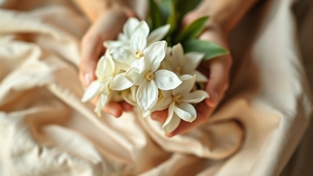 Close-up of hands gently holding a bundle of fresh white jasmine flowers over a folded piece of soft cream-colored fabri