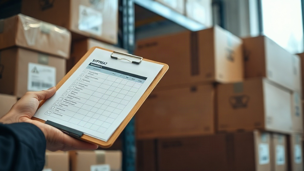 Close-up of a hand holding a clipboard with a shipment checklist while inspecting neatly stacked sealed export cartons o