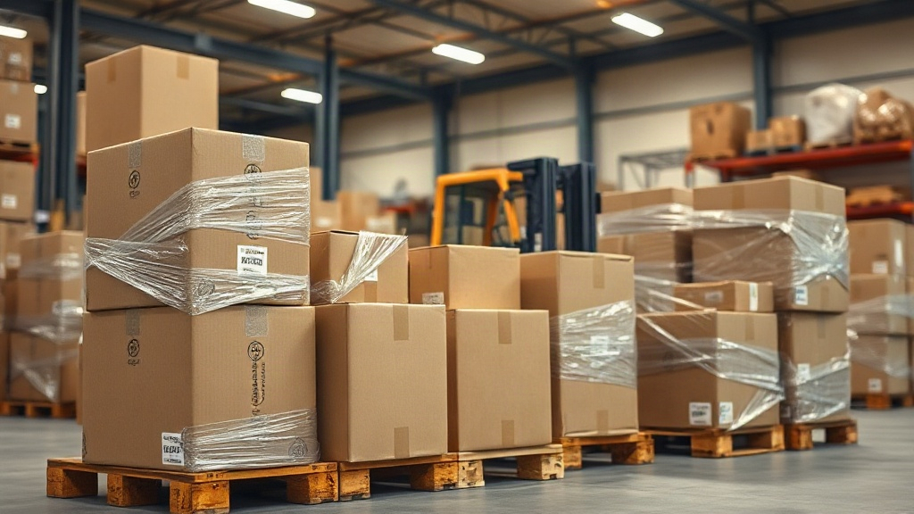 Wide shot of a modern warehouse interior with stacked cardboard shipping boxes on wooden pallets wrapped in clear plasti