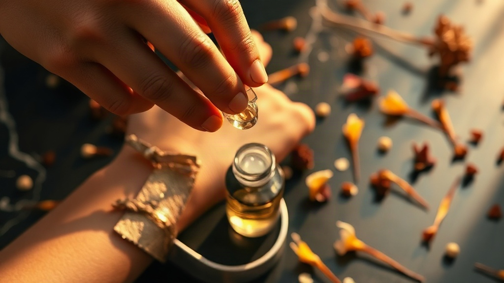 Close-up of an elegant hand applying fragrance from a small crystal dabber onto a wrist, soft warm golden light, dark ma