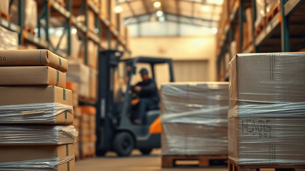 Warehouse scene with stacked cardboard shipping cartons and wrapped pallets ready for freight, forklift blurred in the b