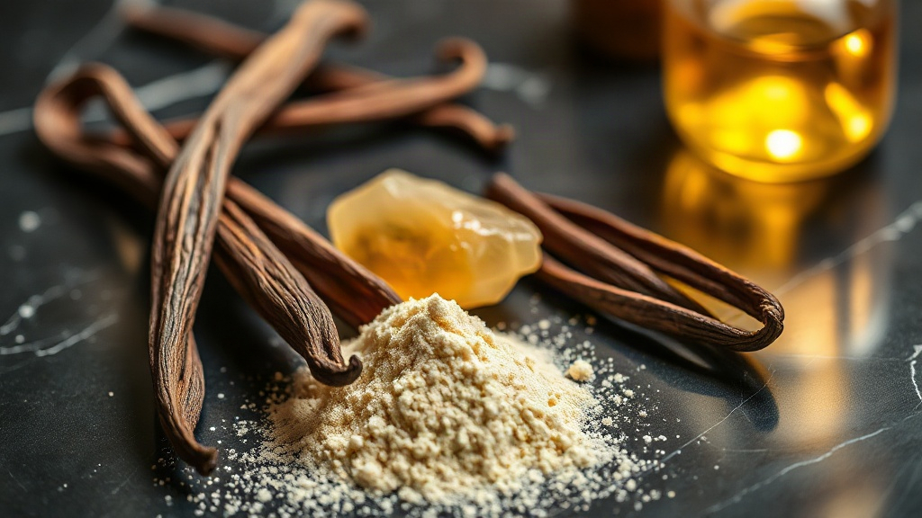 Close-up macro photograph of raw vanilla pods, fine vanilla powder, and amber resin arranged on a dark polished marble s