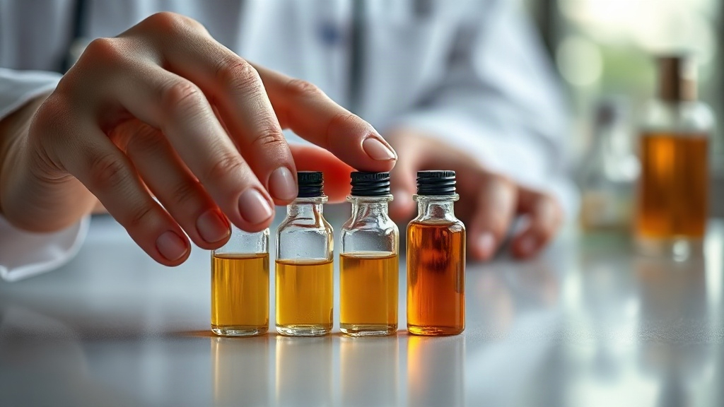 close-up of hands in a quality control setting examining small glass sample vials filled with amber-colored perfume liqu