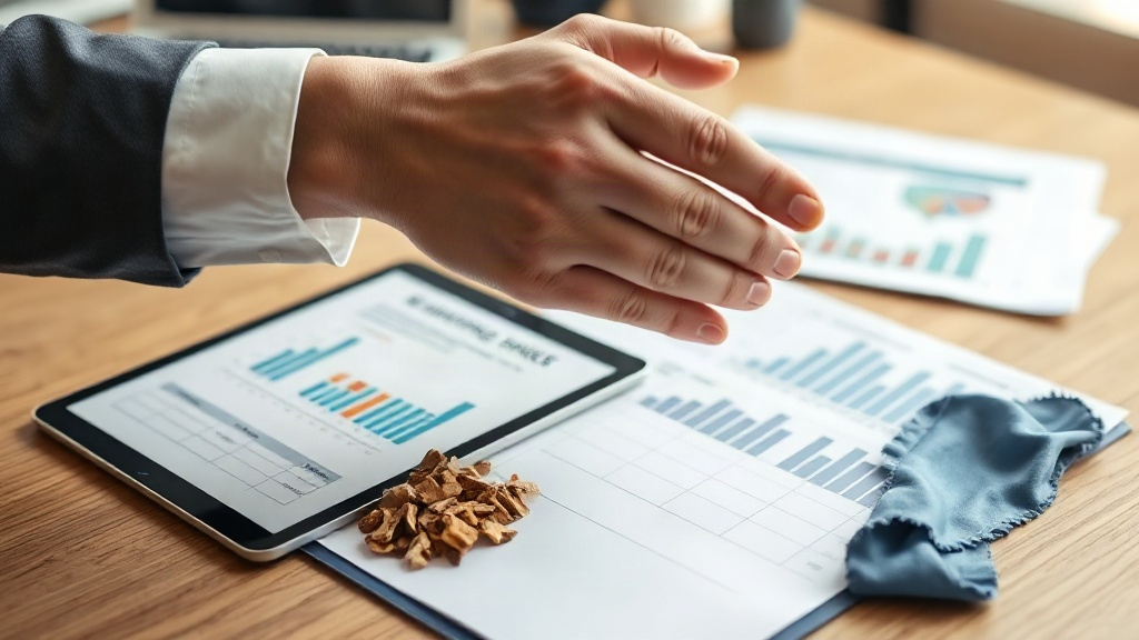 close-up of a business handshake over a wooden desk with an open shipping ledger, a tablet showing a logistics chart, a 