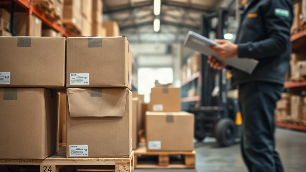 warehouse interior with stacked cardboard shipping boxes on wooden pallets, a worker's hand holding a clipboard whi