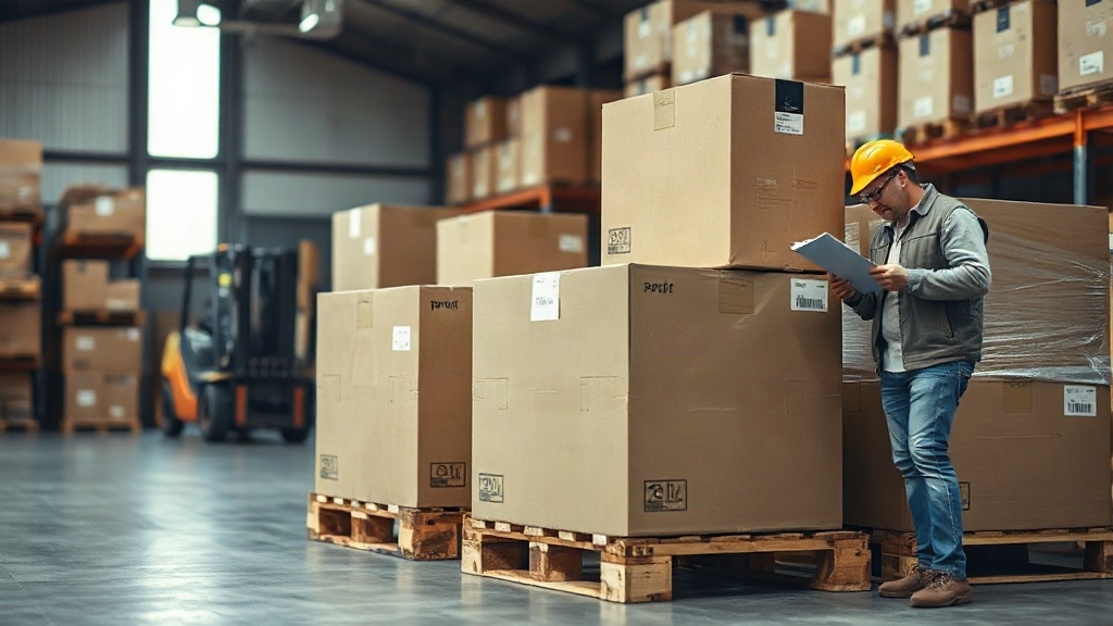 warehouse interior with stacked sealed cardboard shipping boxes on wooden pallets, a worker checking a clipboard invento