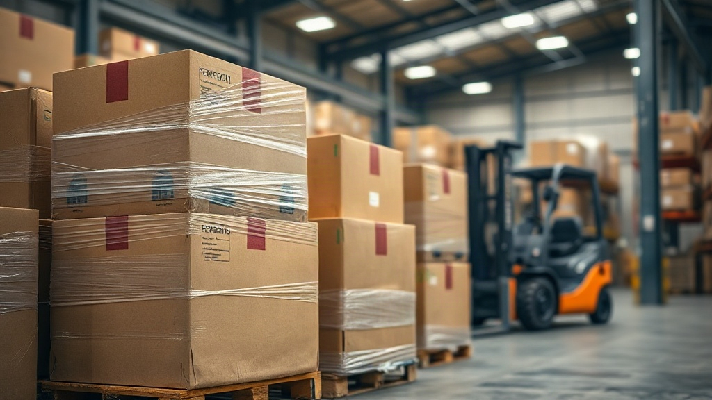 Warehouse interior with neatly stacked cardboard shipping boxes and shrink-wrapped export pallets, a forklift in soft-fo